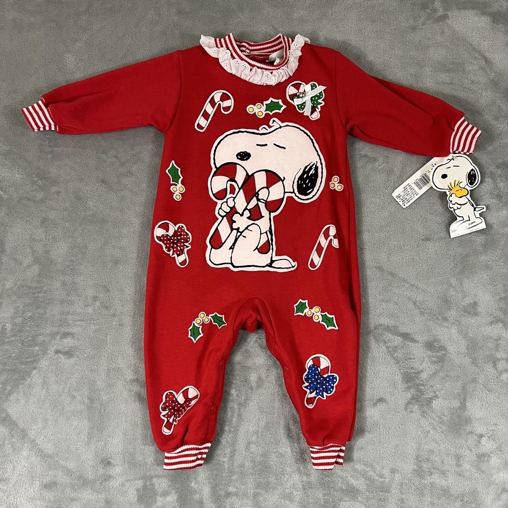 Vintage Snoopy By Buster Brown Coverall Baby Girl 12M Red Candy Cane Christmas